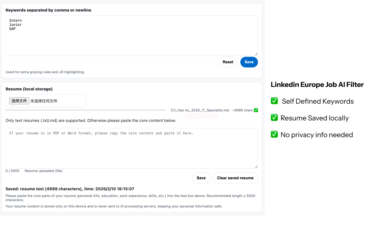 Settings panel with keywords and resume options
